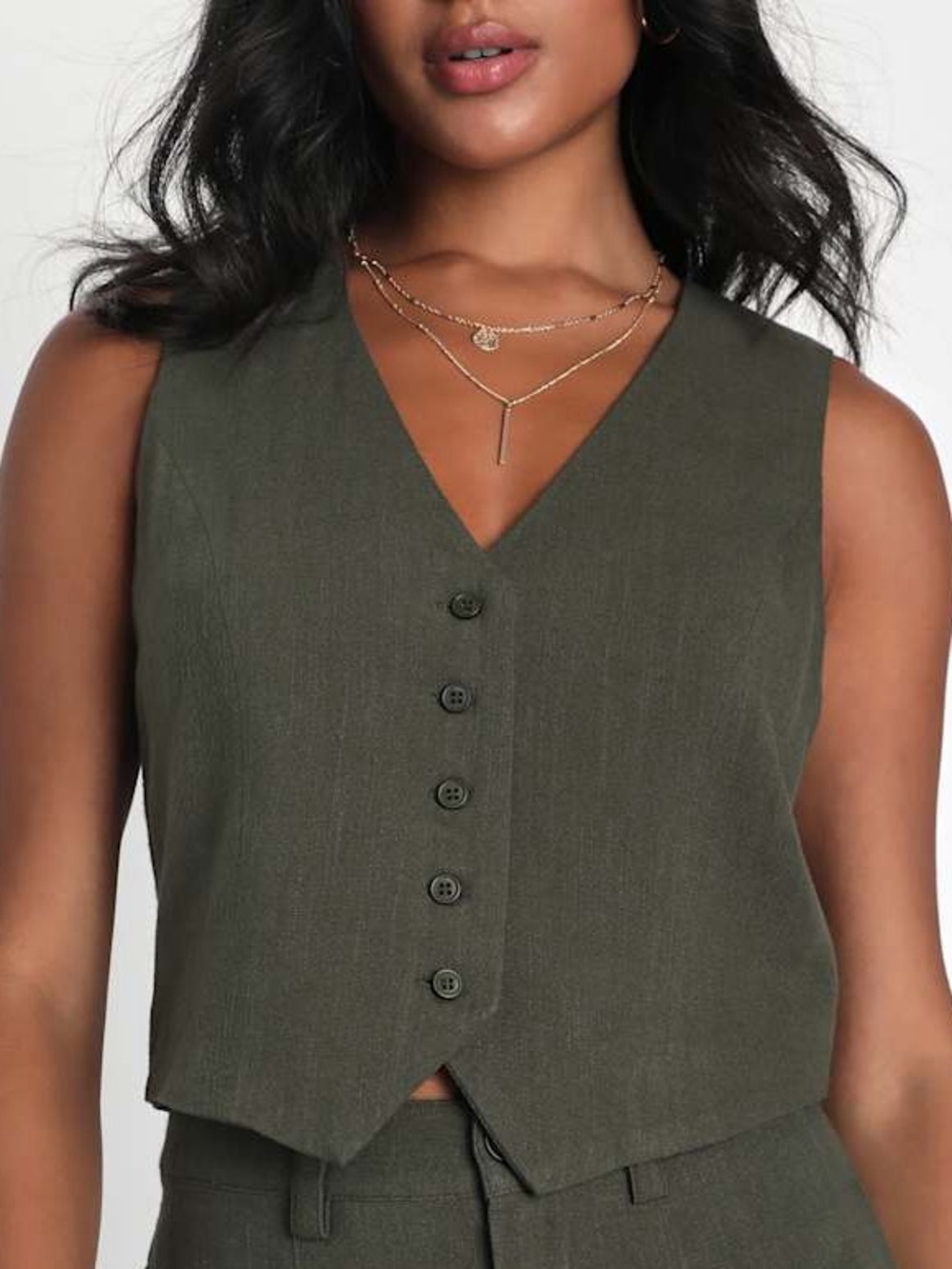 Lulu's Olive Button-Front V-Neck Crop Vest